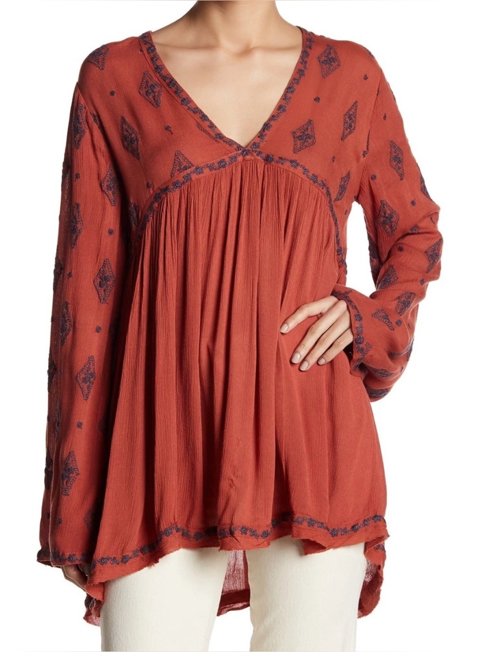 Free People Diamond Embroidered Long Sleeve Tunic